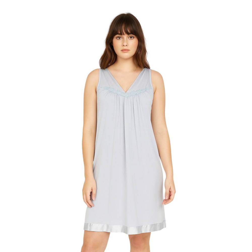 VANITY FAIR Vtg Blue Slip Dress Nylon USA‎ Made Floral Lace Yoke Tank Dress S